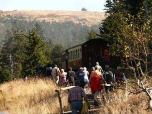 Oben: Brockemplateau, Harzer Schmalspurbahn fährt zum Brocken, Wanderer