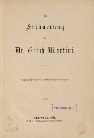 Zur Erinnerung an Dr. Erich Martini