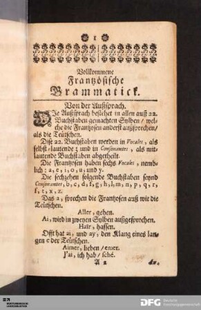 Vollkommene Frantzösische Grammatick.