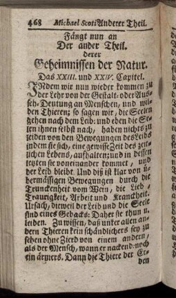 Fängt nun an Der ander Theil. Derer Geheimnisse der Natur.