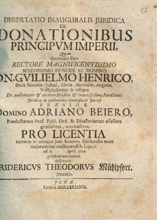 Dissertatio inauguralis iuridica de donationibus principum imperii