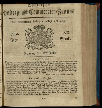 30tes Stueck, Montag den 27ten Julius 1772