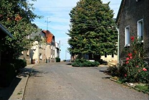 Blick entlang der Dorfstraße, beidseitig Häuser, meist giebelständig