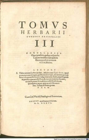 Herbarivm Oth. Brvnfelsii, Tomis Tribvs Exacto tandem studio, opera & ingenio, candidatis Medicinae Simplicis absolutum, 3