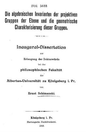 Die algebraischen Invarianten der projektiven Gruppen der Ebene und die geometrische Charakterisierung dieser Gruppen