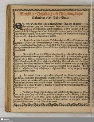 Bericht der Verfassung und Abtheilung dises Calenders oder Jahr-Buchs