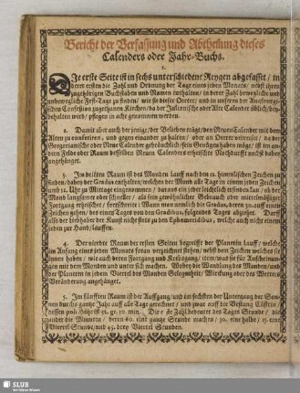 Bericht der Verfassung und Abtheilung dises Calenders oder Jahr-Buchs