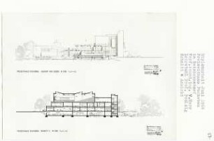 Freizeitheim Fuchsbau, Berlin-Reinickendorf (Diplomarbeit bei Peter Poelzig): Ansicht von Süden und Schnitt 1:200