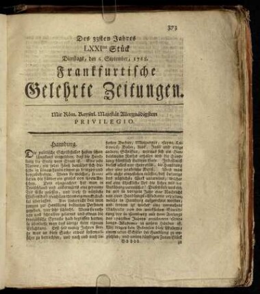 LXXItes Stück Dienstags, den 6. September, 1768. - LXXXtes Stück Freytags, den 7. October, 1768.