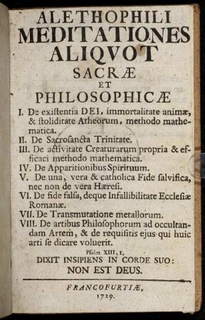 Aletophili Meditationes Aliquot Sacræ Et Philosophicæ