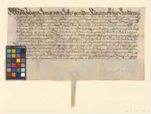 Johann Georg, Markgraf von Brandenburg, bestätigt eine Obligation über 2500 Taler, die Joachim v. Ribbeck den Städten Brandenburg (Alt- und Neustadt), Berlin, Cölln, Frankfurt (Oder), Prenzlau und Ruppin leiht.