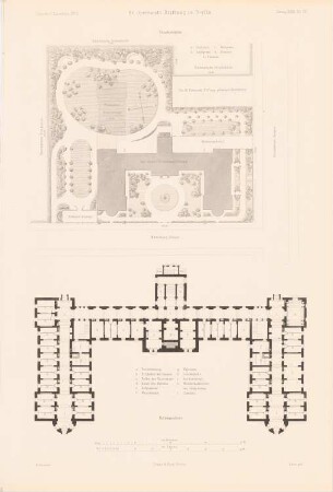 St. Gertraudt-Stiftung, Berlin: Lageplan, Grundriss Keller (aus: Atlas zur Zeitschrift für Bauwesen, hrsg. v. G. Erbkam, Jg. 23, 1873)