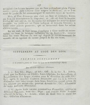 Premier Supplement à la première partie du Code des Lois de la Grande-Loge Astrée.