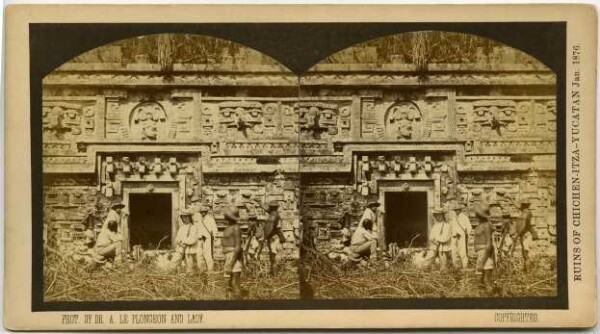 Entrance to the eastern extension of the so-called nunnery with members of the expedition, including Mrs Le Plongeon.