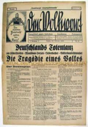 Völkisch-antisemitische Wochenzeitung "Der Volkwart" u.a. über die Auswirkungen des Dawes-Planes