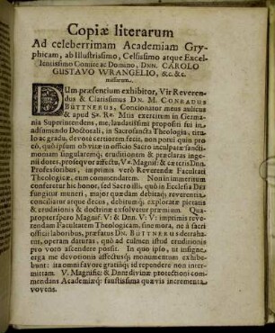 Copiæ literarum Ad celeberrimam Academiam Gryphicam [...]