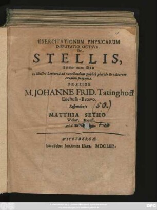Exercitationum Physicarum Disputatio Octava. De Stellis