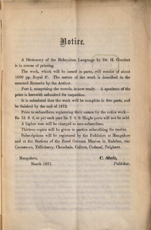 Prospectus. A Malayalam and English Dictionary by Rev. H. Gundert, D. Ph.