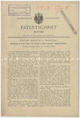 Patentschrift einer Neuerung an Feuerungen für mehrere nebeneinander liegende Kessel, Patent-Nr. 37028
