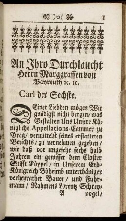 An Ihro Durchlaucht Herrn Marggraffen von Bayreuth etc.