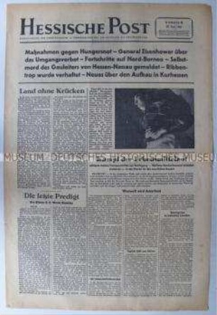 Nachrichtenblatt der US-Armee "Hessische Post" u.a. zur Ernährungslage und zur juristischen Aufarbeitung der Kriegsverbrechen