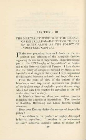 Lecture III The Marxian Theories Of The Essence Of Imperialism - Kautsky's Theory Of Imperialism As The Policy Of Industrial Capital