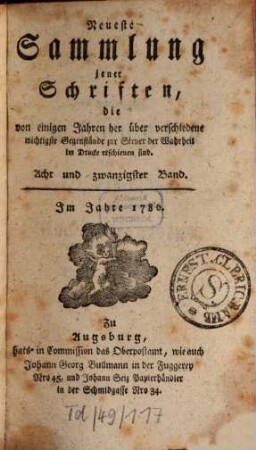 Neueste Sammlung jener Schriften, die von einigen Jahren her über verschiedene wichtige Gegenstände zur Steuer der Wahrheit im Drucke erschienen sind. 28. 1786