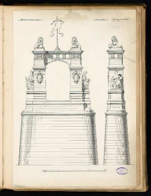 Brückenpfeiler einer Hängebrücke Monatskonkurrenz März 1893: Aufriss Längsansicht und Queransicht des Pfeilers; Maßstabsleiste