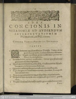 Idea Concionis Invitatoriae Ad Audiendum Interpredationem Psalmorum, ex Psal. CXXII