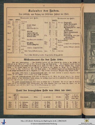 Tafel der beweglichen Feste von 1904 bis 1907.