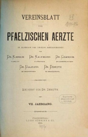 Vereinsblatt der Pfälzischen Ärzte. 7. 1891