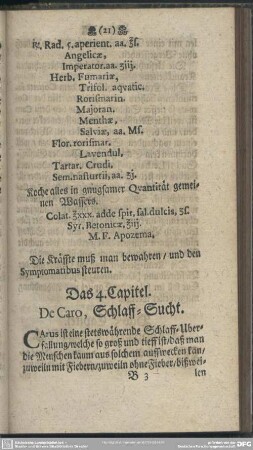 Das 4. Capitel. De Caro, Schlaff-Sucht
