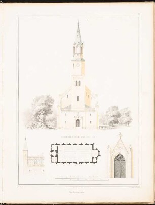 Evangelische Kirche mit 1253 Sitzplätzen: Ansicht, Grundriss, zwei Details (aus: Entwürfe zu Kirchen, Pfarr- und Schulhäusern, hrsg. von der Kgl. Preuß. Oberbaudeputation, 1845-1855)