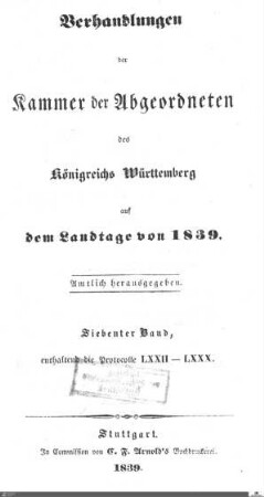 1,123: Landtag Württemberg - Kammer 2, Protokolle 1839, Bd. 7