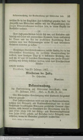 Bekanntmachung, die Vorbereitung zur Advocatur betreffend : 20. Februar 1867