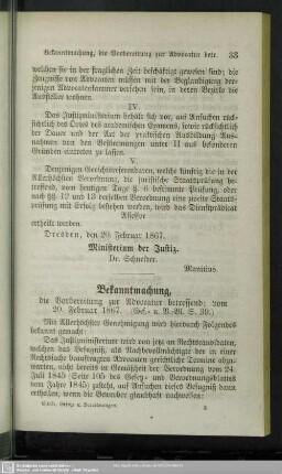 Bekanntmachung, die Vorbereitung zur Advocatur betreffend : 20. Februar 1867