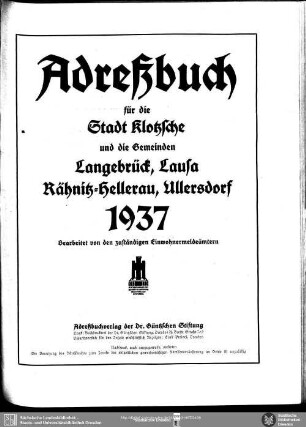 Adreßbuch für die Stadt Klotzsche und die Gemeinden Langebrück, Lausa, Rähnitz-Hellerau, Ullerdorf 1937