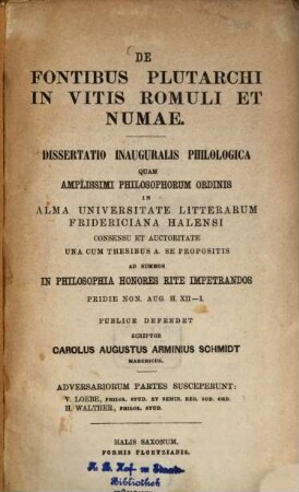 De fontibus Plutarchi in vitis Romuli et Numae : Diss. inaug.