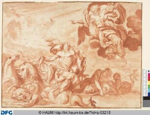 Neptun auf dem Muschelwagen und Jupiter in Wolken