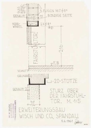 Maschinenfabrik Wisch und Co., Berlin-Spandau Erweiterungsbau: Sturz über der Fahrstuhltür: Detailschnitt 1:5