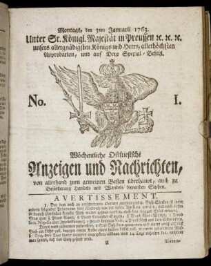No. 1. Montags, den 3ten Januarii 1763.