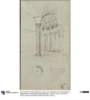 Entwurf zu einem runden Zentralbau mit Trichtergewölbe, Mittelstütze und umlaufenden Säulenstellungen & Entwurf zu einer Konsole