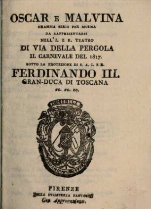 Oscar e Malvina : Dramma serio per musica