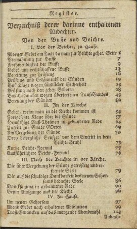 Verzeichniß derer darinne enthaltenen Andachten.