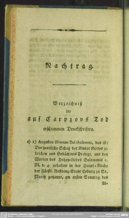 Nachtrag. Verzeichniß der auf Carpzovs Tod erschienenen Druckschriften