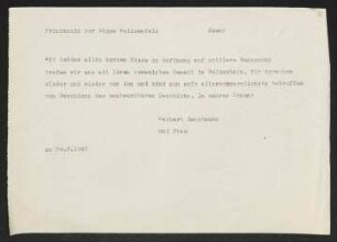 Brief von Gerhart Hauptmann und Margarete Hauptmann an Hedwig Maria zur Lippe-Weißenfeld