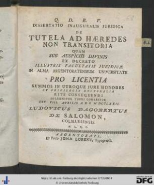 Dissertatio Inauguralis Juridica De Tutela Ad Haeredes Non Transitoria