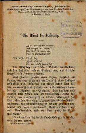 Ein Abend bei Diesterweg : (Sonder-Abdruck aus: Ferdinand Schmidt "Berliner Bilder" Volkserzählungen u. Schilderungen aus d. Berl. Volksleben.)