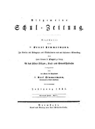 Titelblatt für April 1843 [Heft 52 - 68]