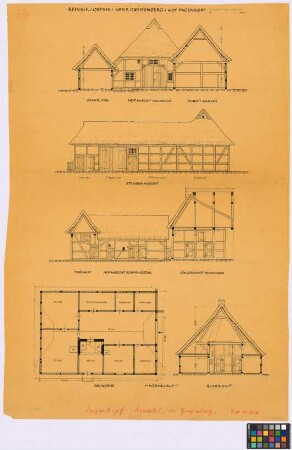 Rewahl (Kreis Greifenberg): Hof Pagenkopf. - [Schweine]Stall (Querschnitt, Hof-Seiten-Ansicht). - Wohnhaus (Hof-Giebel-Ansicht, Teil-Längsschnitt, Grundriss des Erdgeschosses, Querschnitt). - Scheune (Querschnitt). - Torfahrt (Querschnitt, Straßen-Ansicht). - Pferdestall (Straßen-Seiten-Ansicht). - Scheune (Straßen-Giebel-Ansicht)